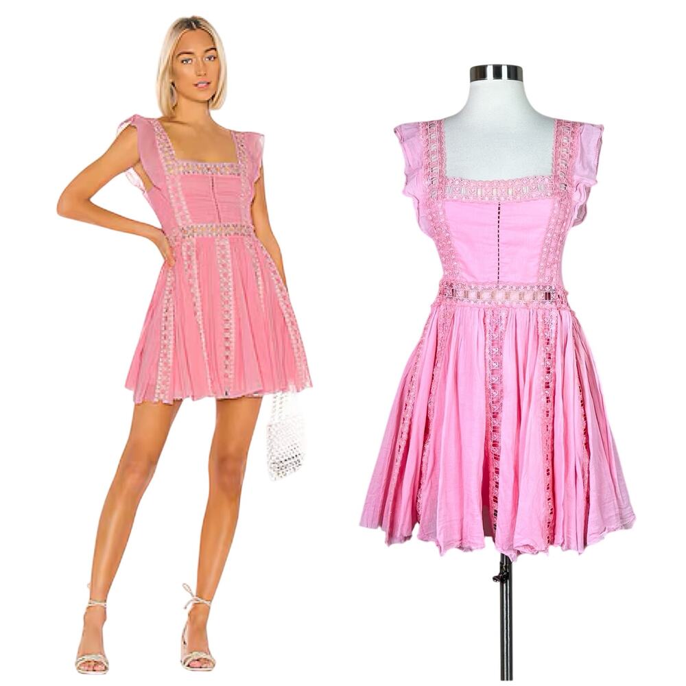 Free People | Verona Pink Lace Trim Flutter Sleeve Fit Flare Mini Dress Small S